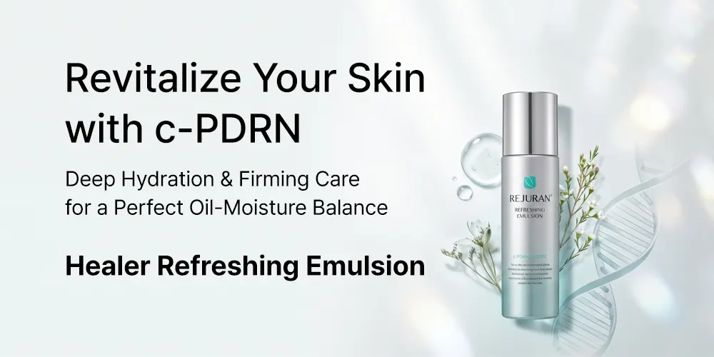 A bottle of REJURAN Healer Refreshing Emulsion, a perfect lightweight moisturizer for balancing skin oil and hydration.