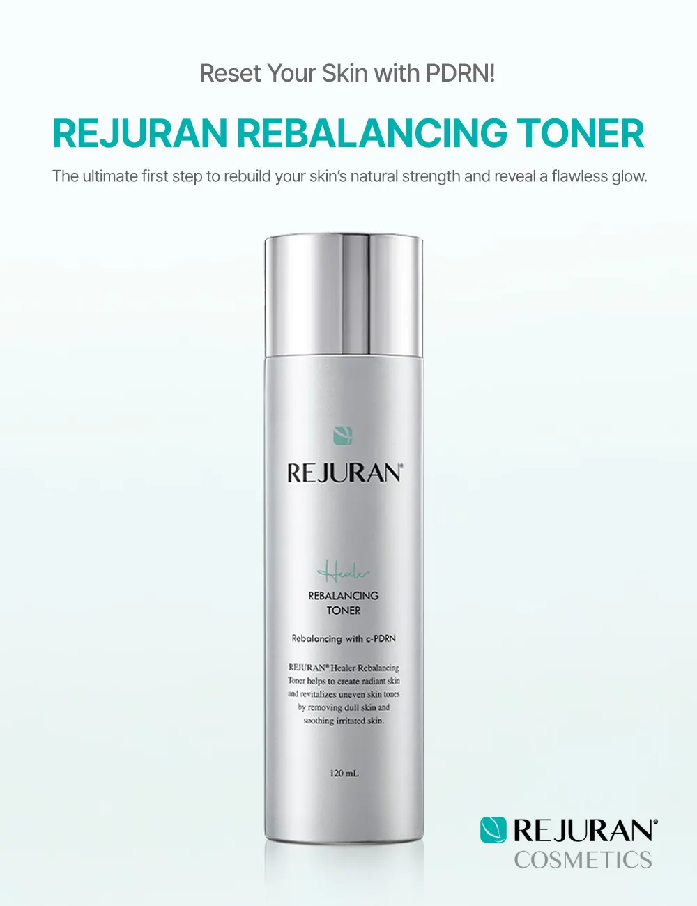 REJURAN Rebalancing Toner 120ml / 4.05 fl. oz. Korea Beauty For You A sleek bottle of our rebalancing PDRN toner, formulated to gently exfoliate and hydrate dry skin.
