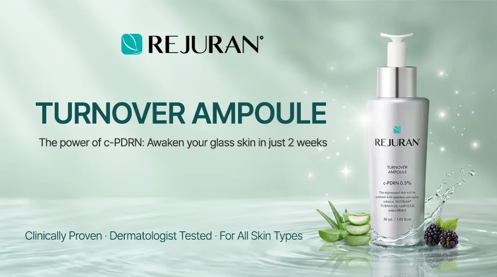 REJURAN Turnover Ampoule 30ml / 50ml Korea Beauty For You A silver bottle of Rejuran glass skin serum surrounded by soothing aloe vera and blackberries.